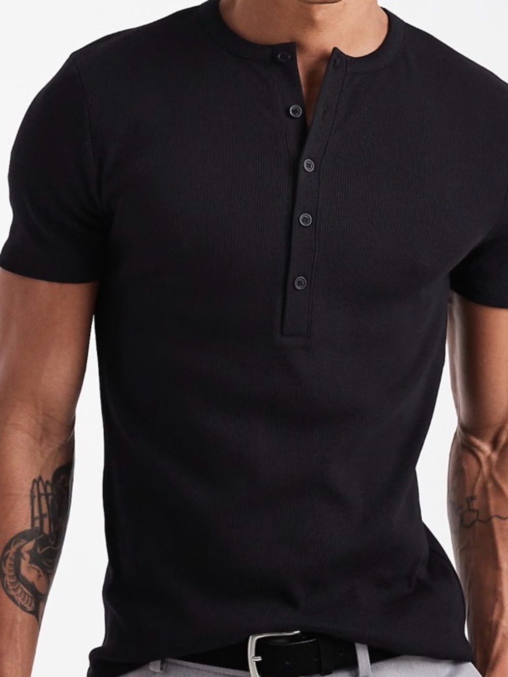 Men's ASOS DESIGN muscle T-shirt with henley neck in black rib